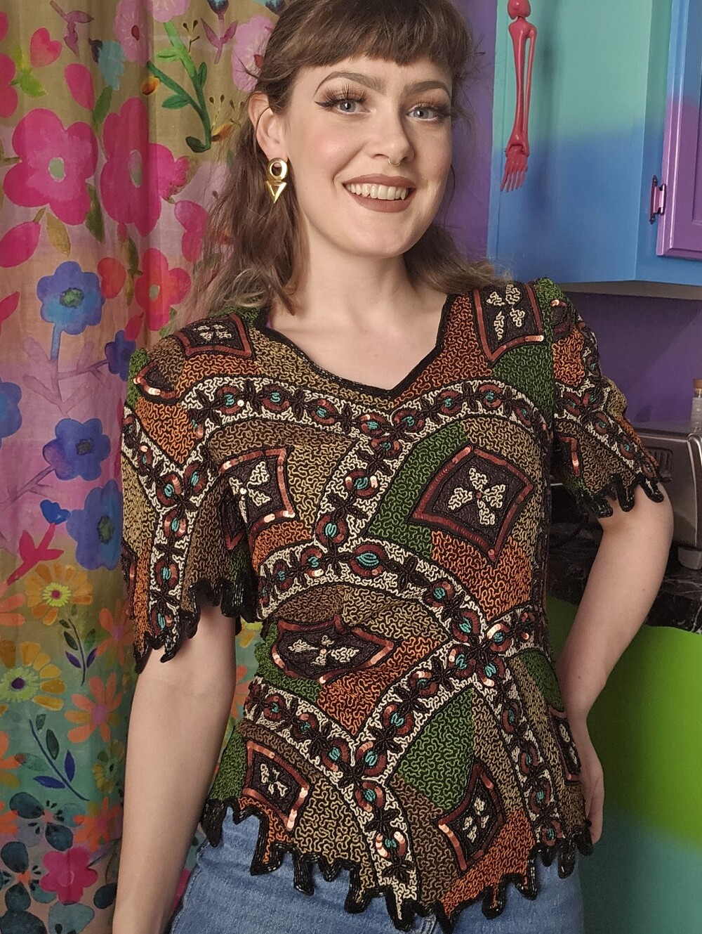 Earth Tone Brown Green Fully Beaded Silk Top By Carina Formal Unique Maximalist